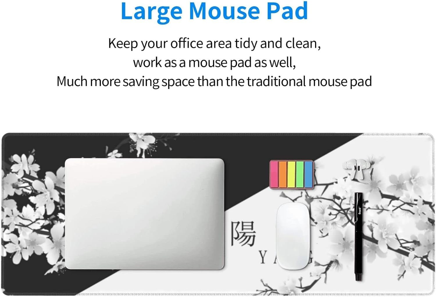 Japanese Black White Cherry Blossom Gaming Mouse Pad XL Extended Large Mousepad with Nonslip Rubber Base Stitched Edges Laptop Computer Keyboard Desk Mat for Office Home Gamer