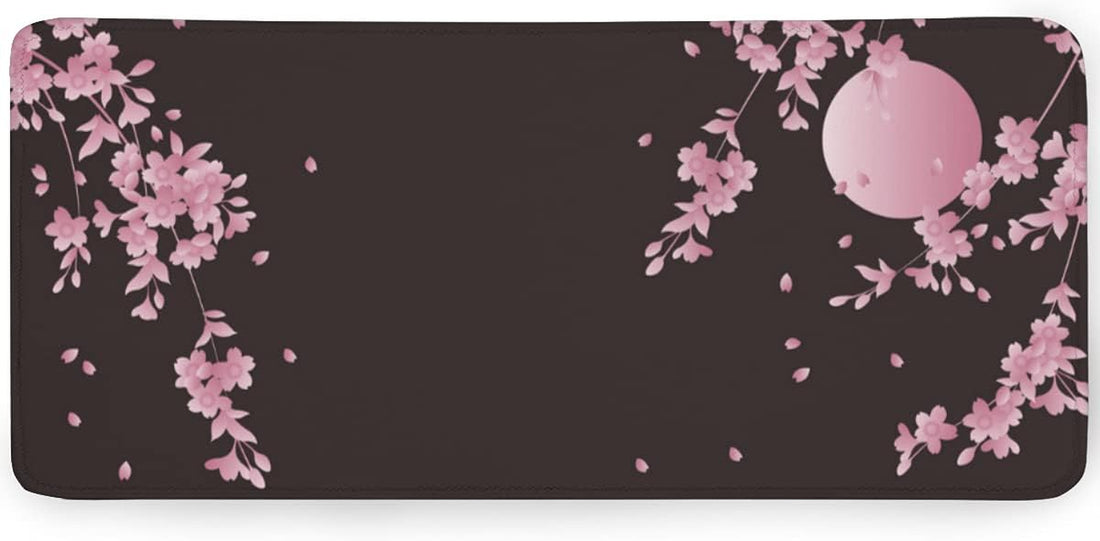 Sakura Cherry Blossom Extended Gaming Mouse Pad Non-Slip Rubber Base Pink Large Mousepad 35.4×15.7In with Stitched Edge Waterproof Flower Keyboard Pads Black Desk Laptop Mats for Work/Game/Office