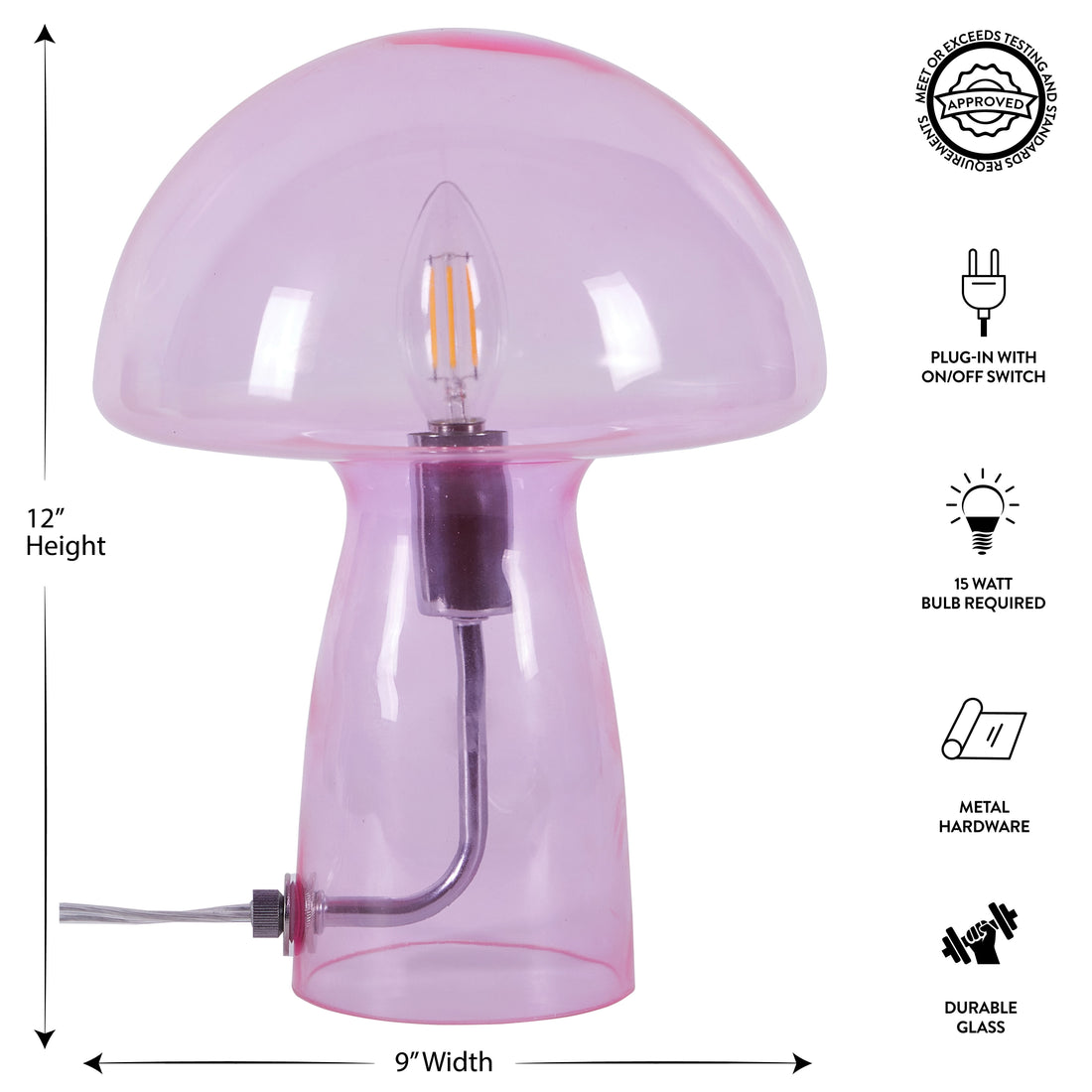 Novelty Glass Mushroom Lamp, Hot Pink, 12" H, Plug-In