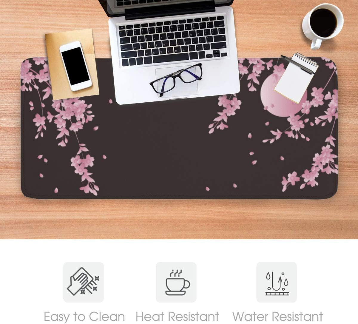 Sakura Cherry Blossom Extended Gaming Mouse Pad Non-Slip Rubber Base Pink Large Mousepad 35.4×15.7In with Stitched Edge Waterproof Flower Keyboard Pads Black Desk Laptop Mats for Work/Game/Office