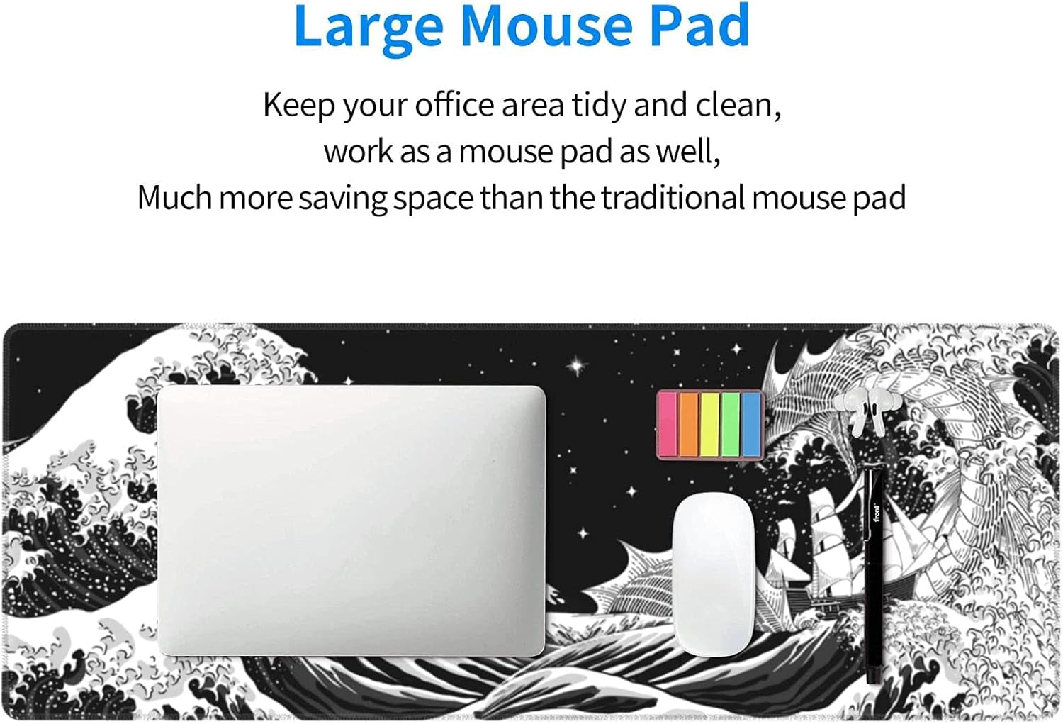 Black and White Japanese Waves Sea Dragon Gaming Mouse Pad XL, Extended Large Mouse Mat Desk Pad, Stitched Edges Mousepad, Long Mouse Pad, 31.5 X 11.8 Inch