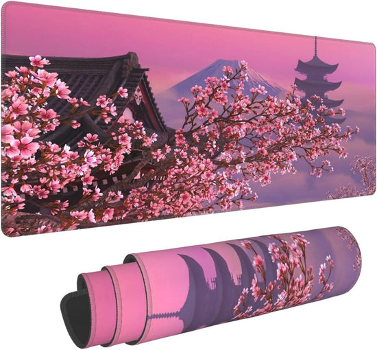 Japanese Sakura Flower Extended Mouse Pad 31.5X11.8 Inch XL Pink Cherry Blossom Non-Slip Rubber Base Large Mousepad with Stitched Edges Waterproof Keyboard Mouse Mat Desk Pad for Office Home Game