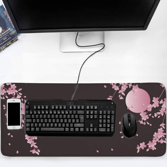 Sakura Cherry Blossom Extended Gaming Mouse Pad Non-Slip Rubber Base Pink Large Mousepad 35.4×15.7In with Stitched Edge Waterproof Flower Keyboard Pads Black Desk Laptop Mats for Work/Game/Office