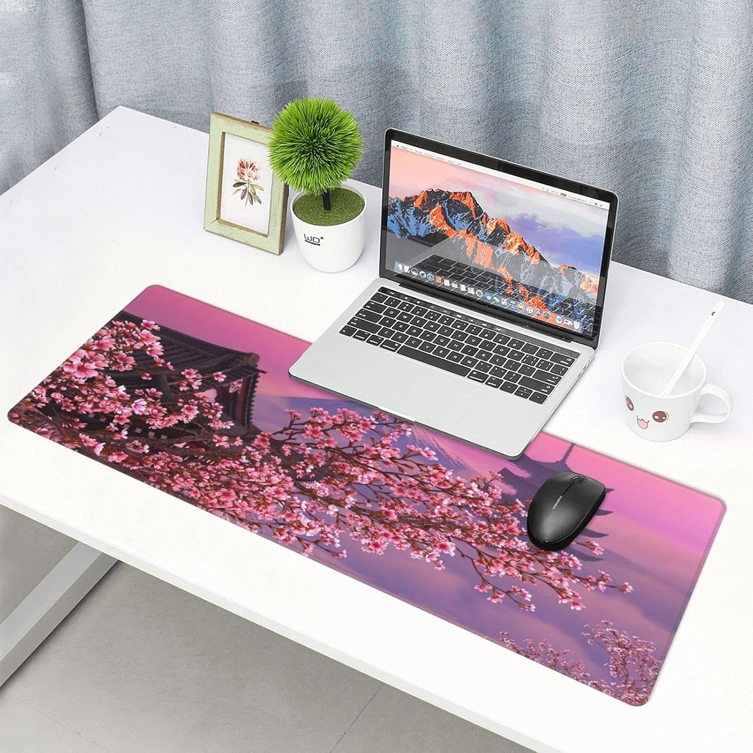 Japanese Sakura Flower Extended Mouse Pad 31.5X11.8 Inch XL Pink Cherry Blossom Non-Slip Rubber Base Large Mousepad with Stitched Edges Waterproof Keyboard Mouse Mat Desk Pad for Office Home Game