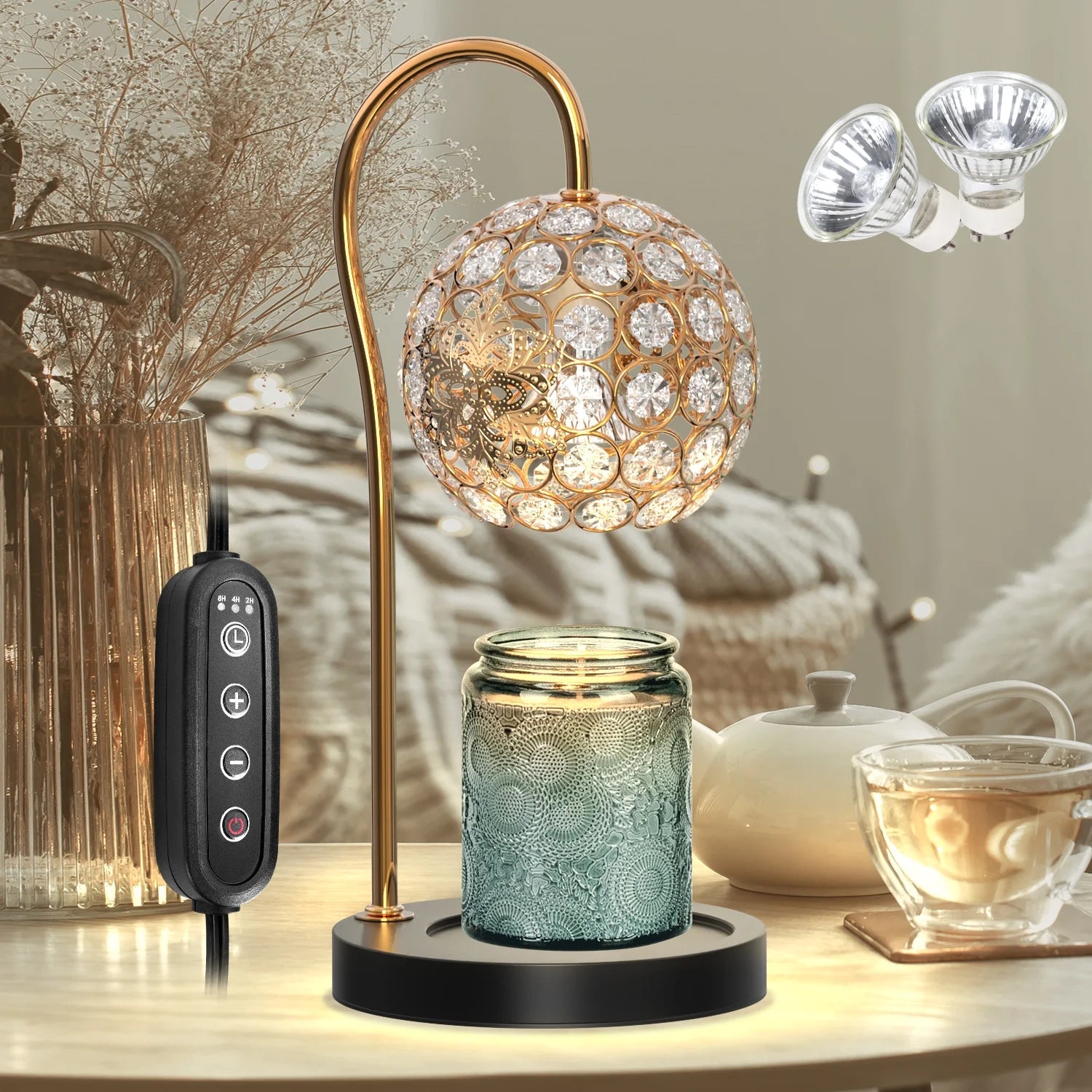 Candle Warmer Lamp with Timer, Electric Candle Warmer Light for Bedroom, Dimmable Wax Melts Warmer for Candle Jars, Home Decor beside Lamp Gifts for Women (2 X GU10 Bulbs Included), Black