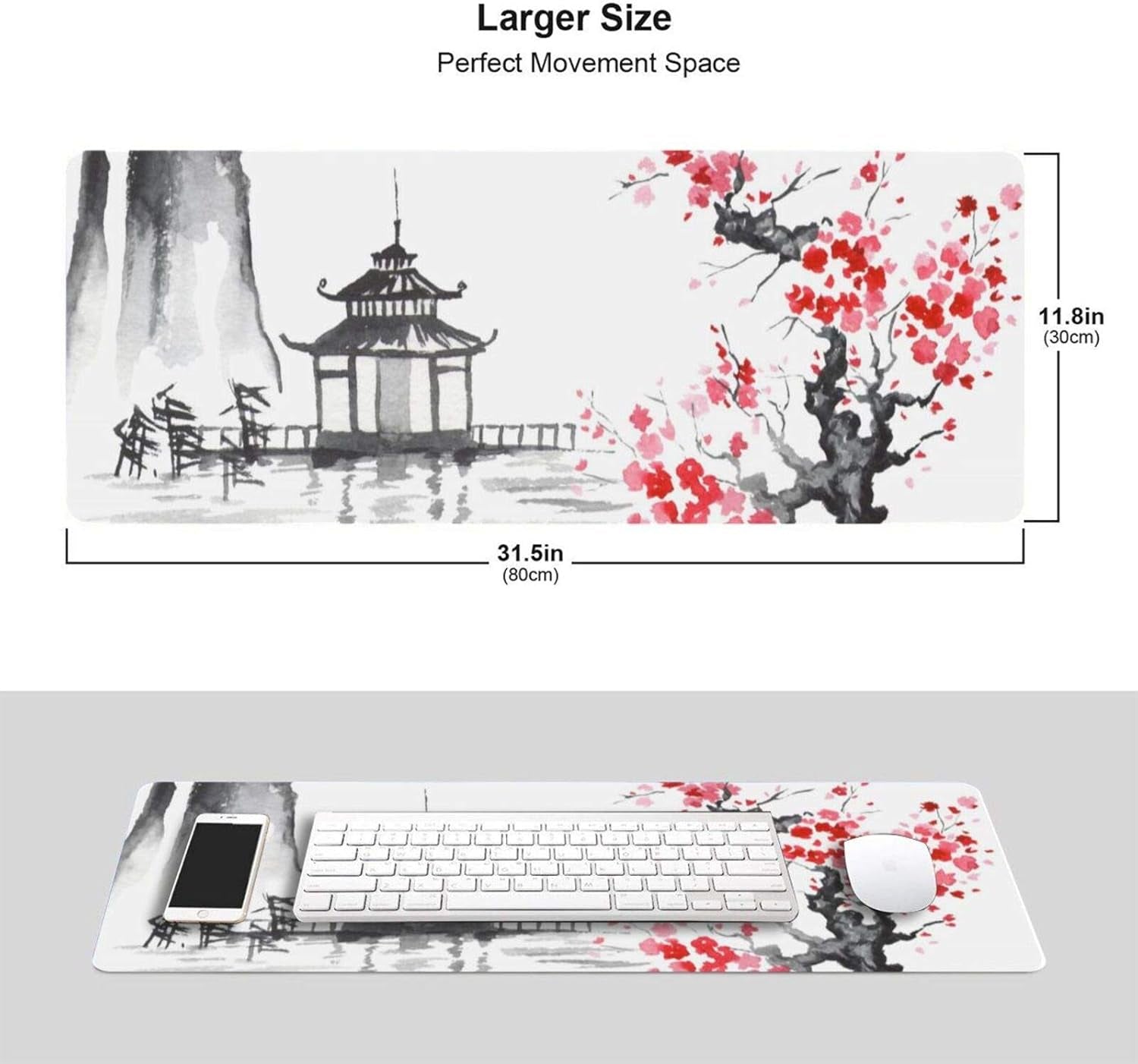 Gaming Mouse Pad XL Japanese Painting Cherry Blossom Extended Large Mouse Pad Long Desk Mat with Stitched Edges 80X30Cm