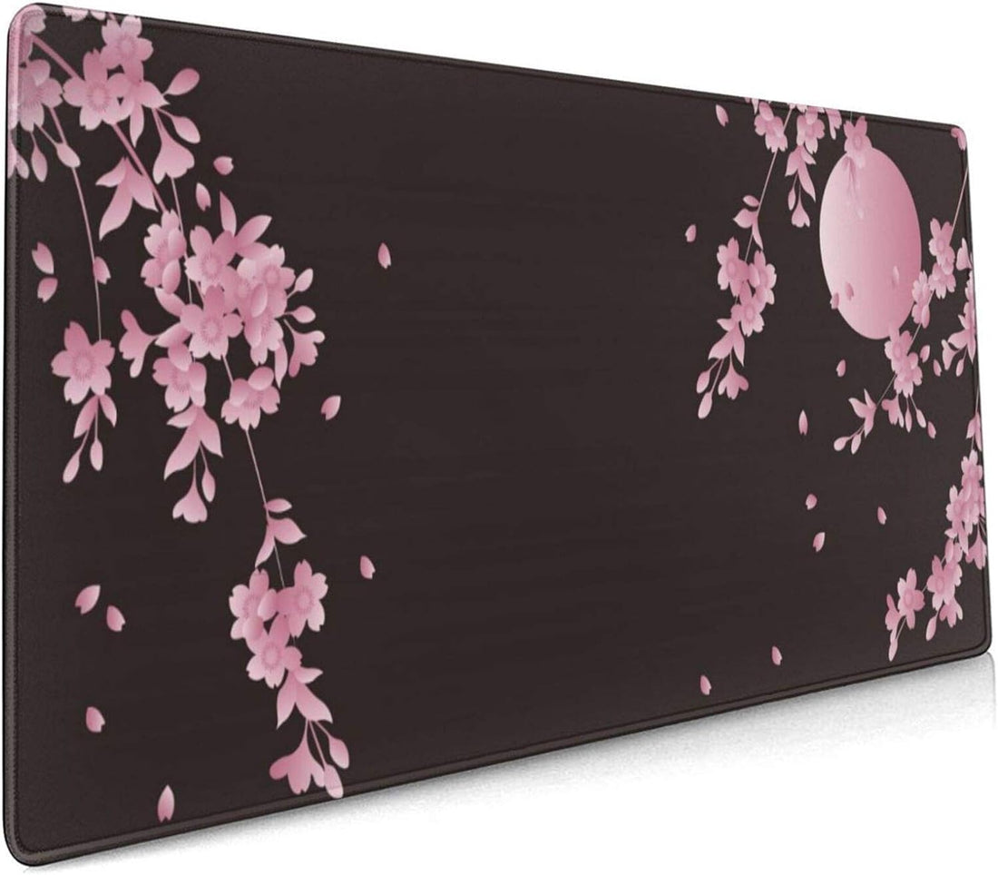 Sakura Cherry Blossom Extended Gaming Mouse Pad Non-Slip Rubber Base Pink Large Mousepad 35.4×15.7In with Stitched Edge Waterproof Flower Keyboard Pads Black Desk Laptop Mats for Work/Game/Office