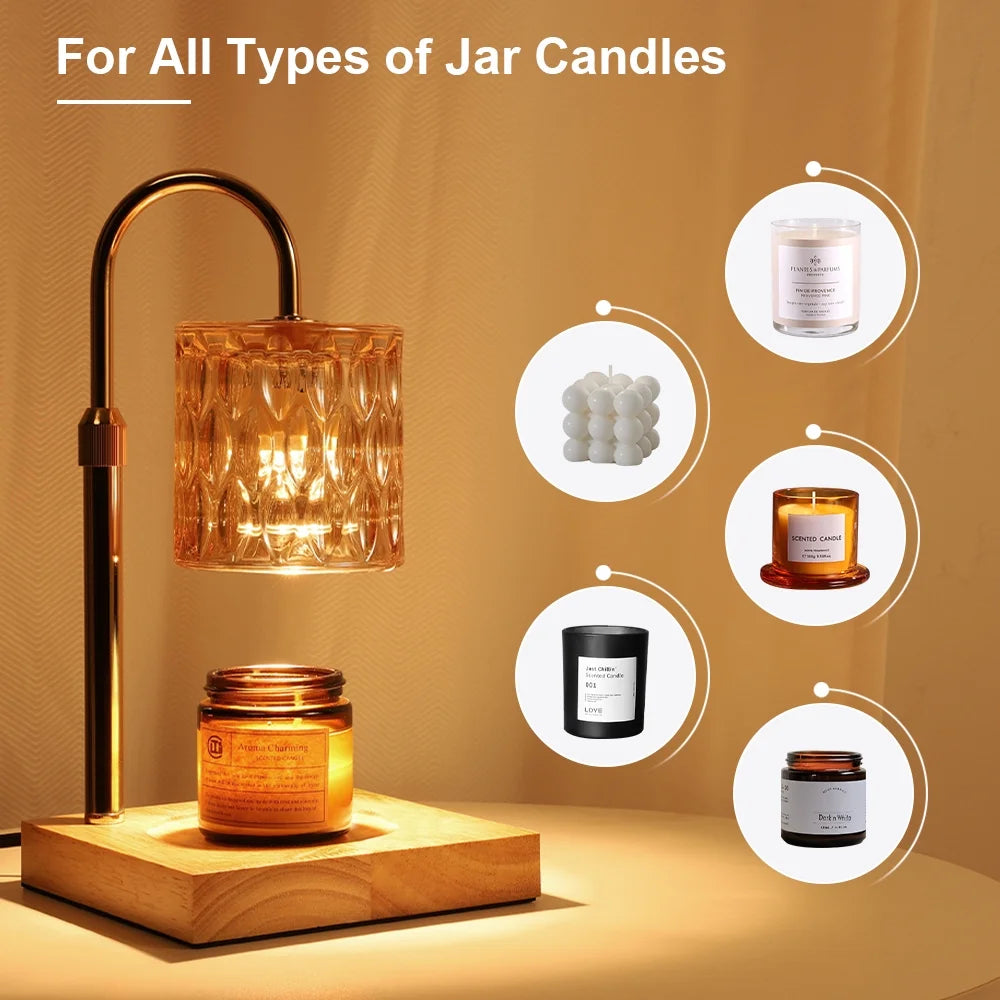 Candle Warmer Lamp with Timer, Dimmable Lamp Candle Warmer for Jars Candle, Height Adjustable Scented Wax Melt Warmer Light with 2 Bulbs and Wood Base for Home Decor, Housewarming Gifts