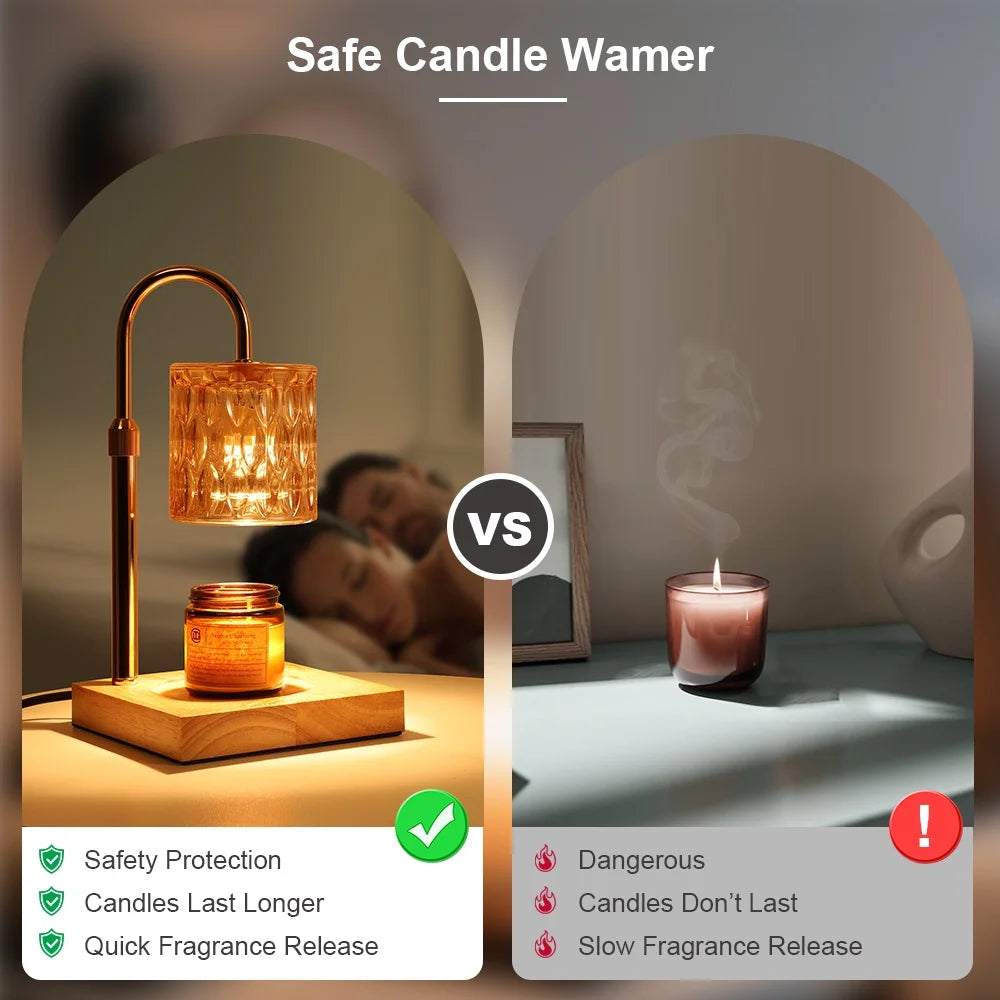 Candle Warmer Lamp with Timer, Dimmable Lamp Candle Warmer for Jars Candle, Height Adjustable Scented Wax Melt Warmer Light with 2 Bulbs and Wood Base for Home Decor, Housewarming Gifts