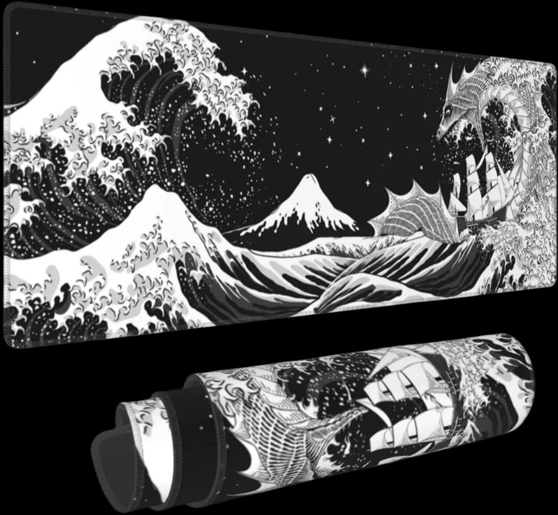 Black and White Japanese Waves Sea Dragon Gaming Mouse Pad XL, Extended Large Mouse Mat Desk Pad, Stitched Edges Mousepad, Long Mouse Pad, 31.5 X 11.8 Inch