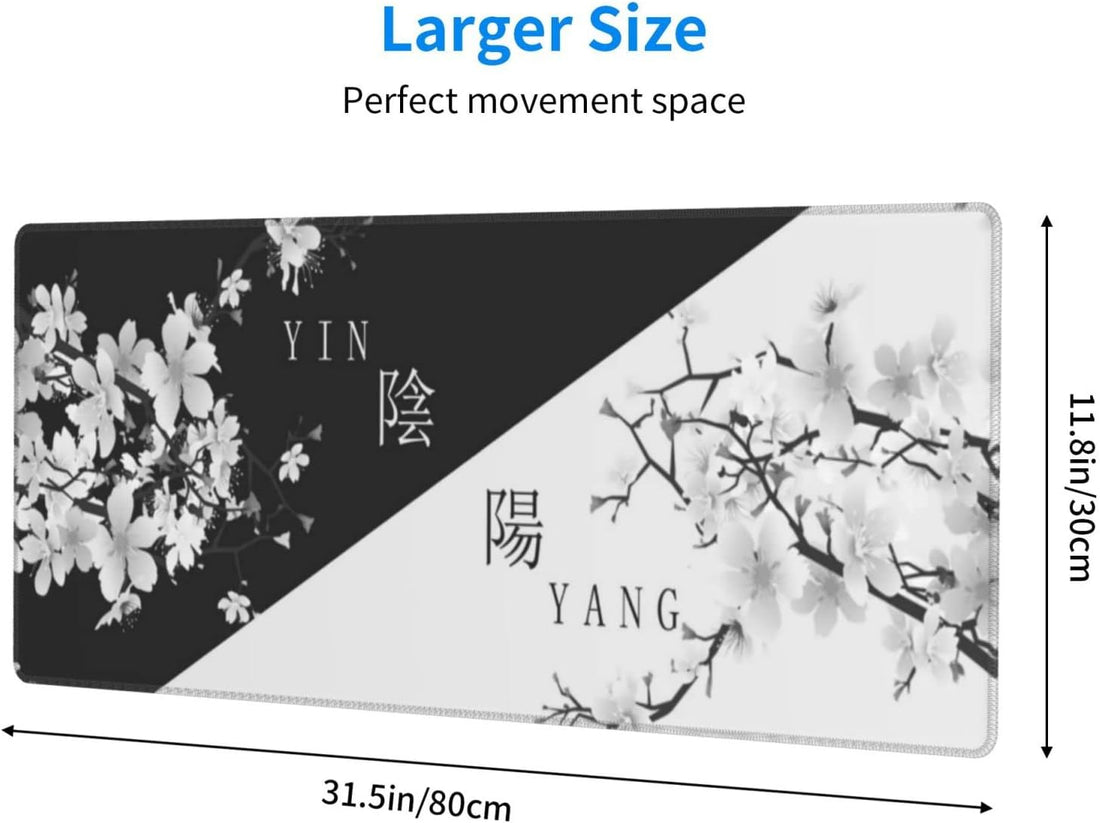 Japanese Black White Cherry Blossom Gaming Mouse Pad XL Extended Large Mousepad with Nonslip Rubber Base Stitched Edges Laptop Computer Keyboard Desk Mat for Office Home Gamer