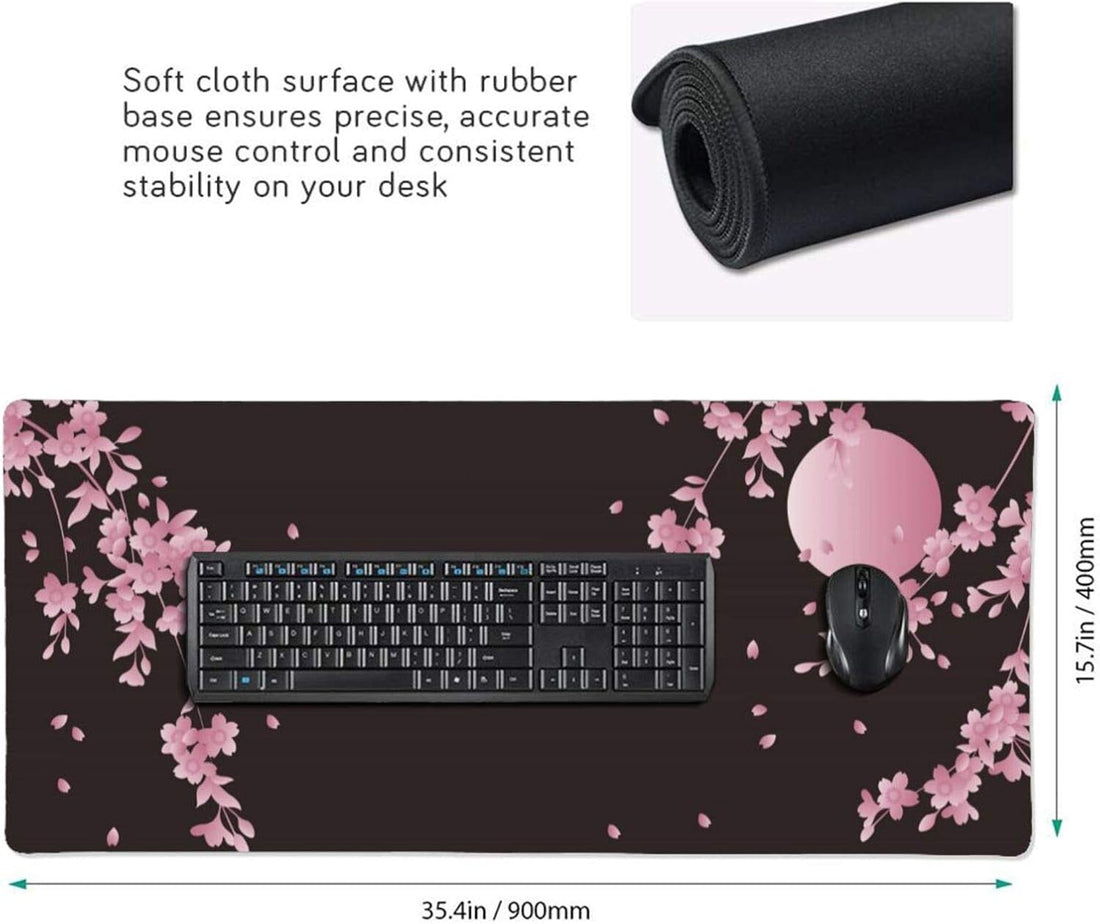 Sakura Cherry Blossom Extended Gaming Mouse Pad Non-Slip Rubber Base Pink Large Mousepad 35.4×15.7In with Stitched Edge Waterproof Flower Keyboard Pads Black Desk Laptop Mats for Work/Game/Office