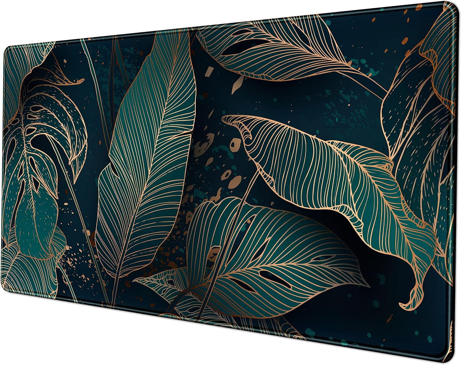 Desk Pad, Green Gold Palm Leaves Extended Gaming Mouse Pad Cute Large Desk Mat, Non-Slip Rubber Base Mousepad with Stitched Edges, Keyboard Mouse Mat Desk Pad for Game Office Home 31.5X15.75 In