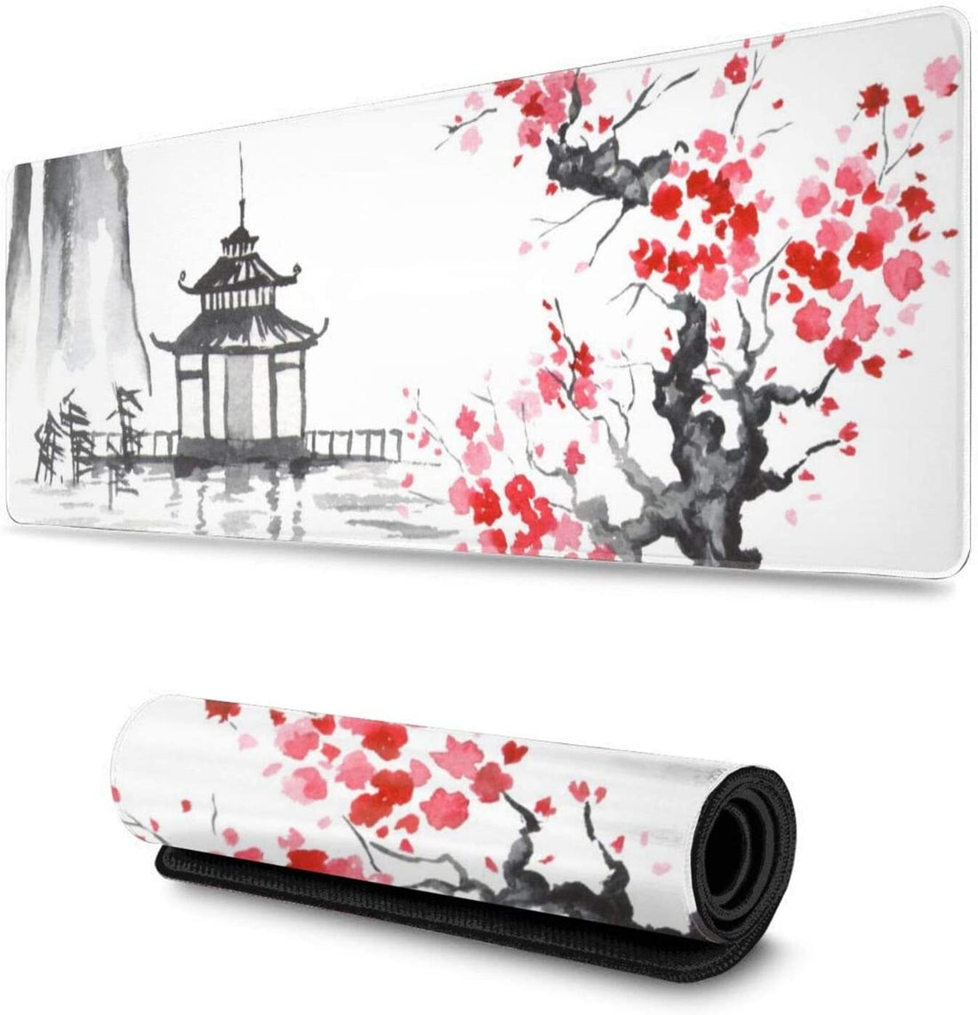 Gaming Mouse Pad XL Japanese Painting Cherry Blossom Extended Large Mouse Pad Long Desk Mat with Stitched Edges 80X30Cm