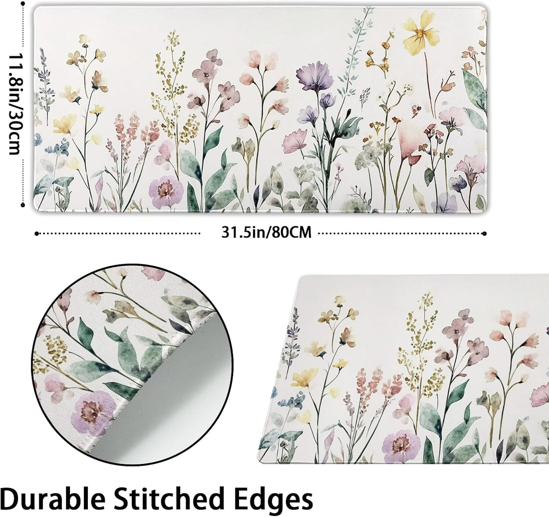 Floral Desk Mat Beige Boho Desk Pad Large Extended Gaming Mouse Pad XL Cute Minimalist Flowers Keyboard Mat 31.5X11.8 Inch Boho Esthetics Mousepad Big Keyboard Mouse Mat for Home Office Work Game