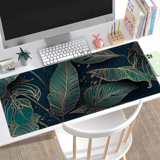 Desk Pad, Green Gold Palm Leaves Extended Gaming Mouse Pad Cute Large Desk Mat, Non-Slip Rubber Base Mousepad with Stitched Edges, Keyboard Mouse Mat Desk Pad for Game Office Home 31.5X15.75 In