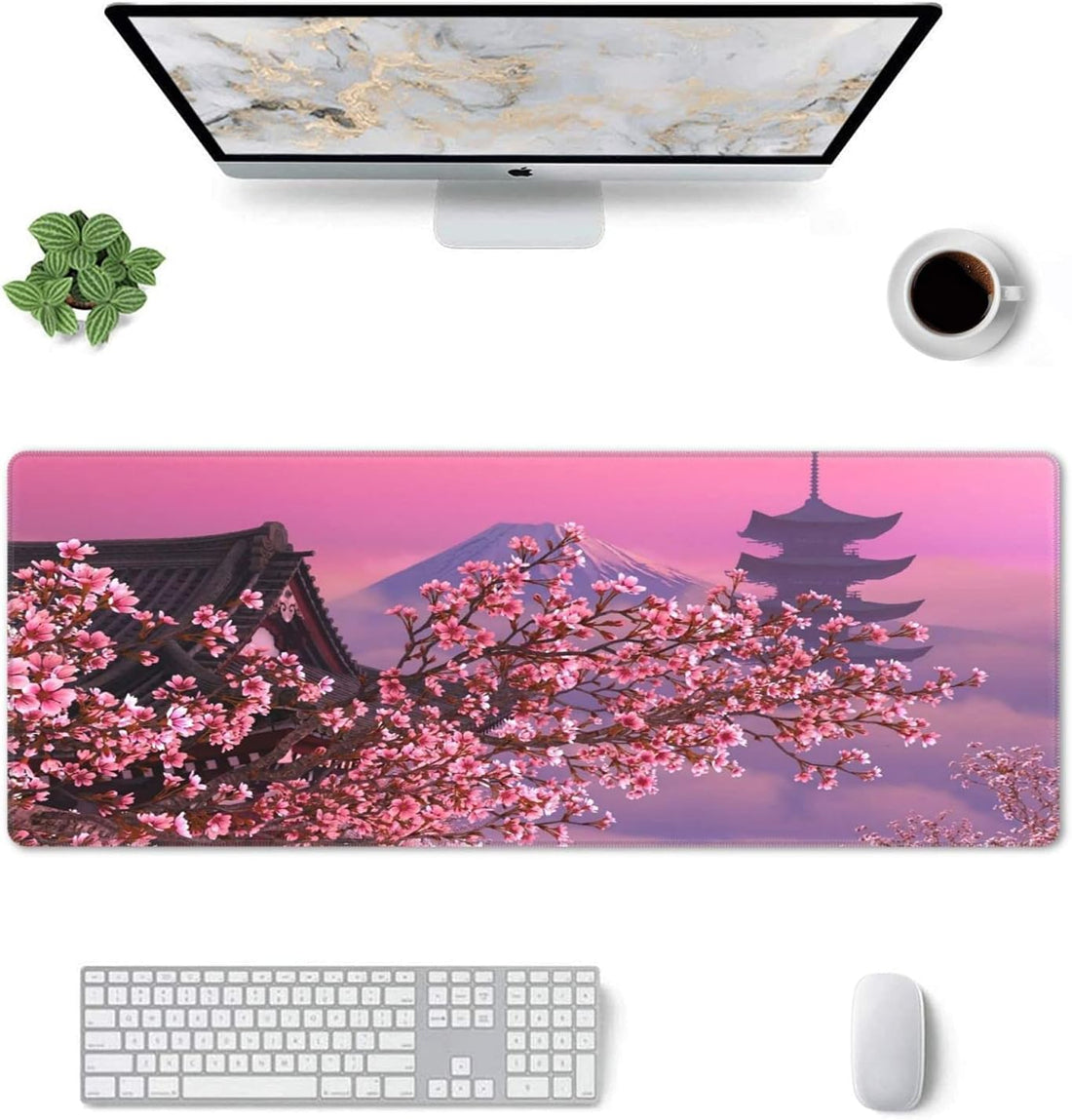 Japanese Sakura Flower Extended Mouse Pad 31.5X11.8 Inch XL Pink Cherry Blossom Non-Slip Rubber Base Large Mousepad with Stitched Edges Waterproof Keyboard Mouse Mat Desk Pad for Office Home Game