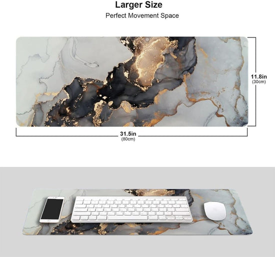 Black and White Marble Gaming Mouse Pad, Long Extended XL Mousepad Desk Pad, Large Rubber Mice Pads Stitched Edges, 31.5'' X 11.8''