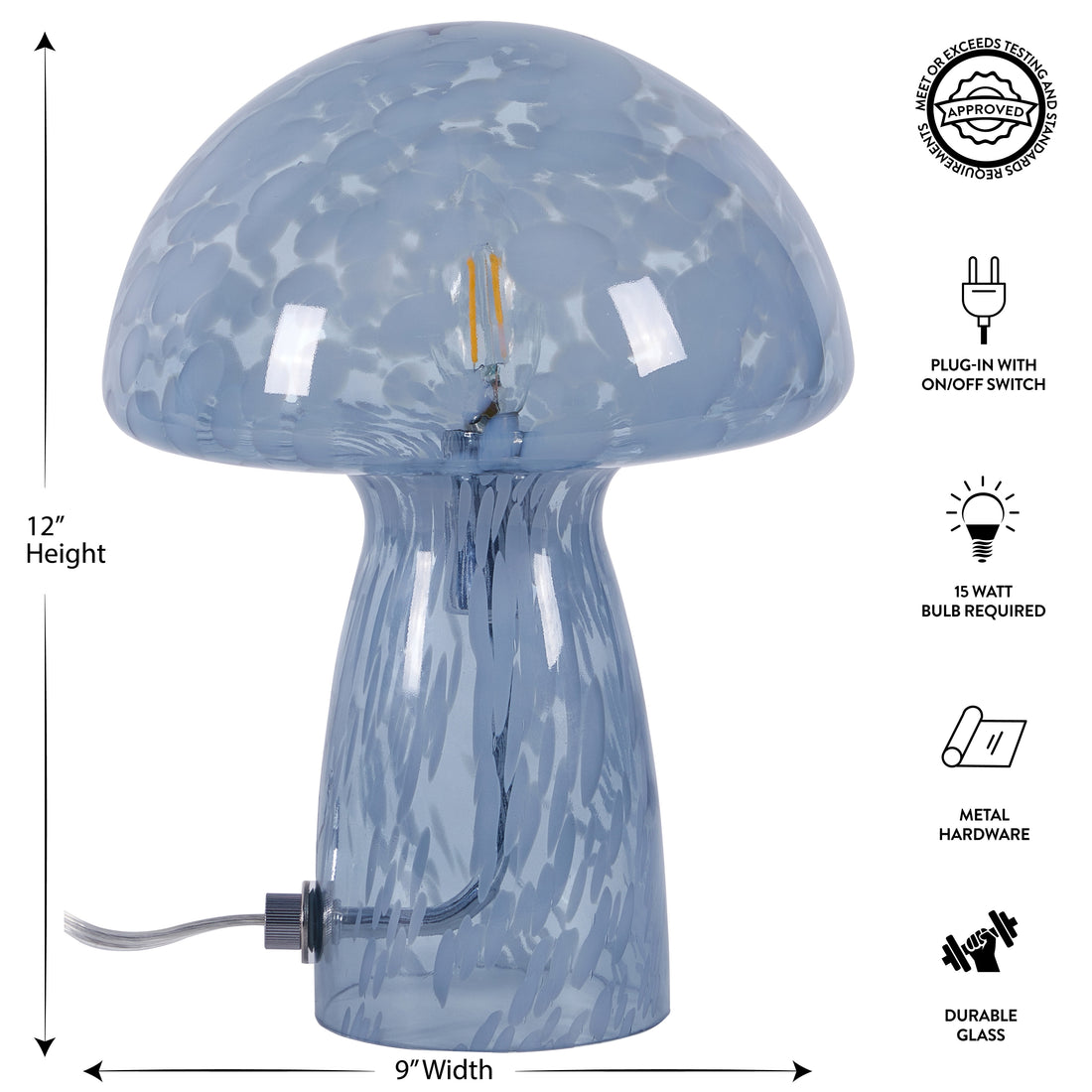 Novelty Glass Mushroom Lamp, Blue Tortoise, 12" H, Plug-In