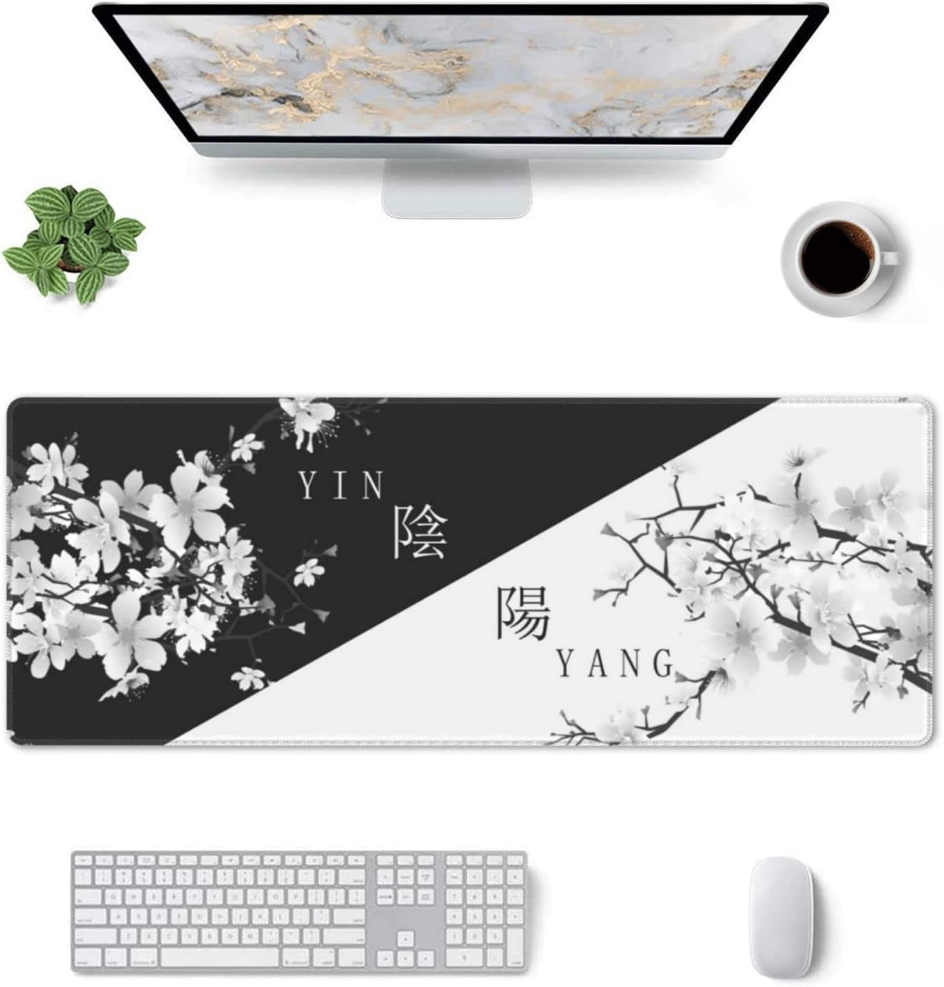 Japanese Black White Cherry Blossom Gaming Mouse Pad XL Extended Large Mousepad with Nonslip Rubber Base Stitched Edges Laptop Computer Keyboard Desk Mat for Office Home Gamer