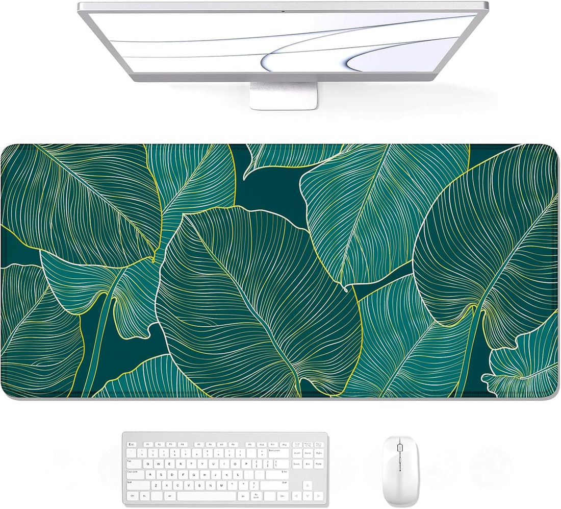 Desk Pad, XL Extended Large Gaming Mouse Pad 31.5 X 11.8 Inch, Waterproof Mousepad with Stitched Edge, Non-Slip Computer Keyboard Laptop Mat for Women Men Office Work, Teal Tropical Leaves